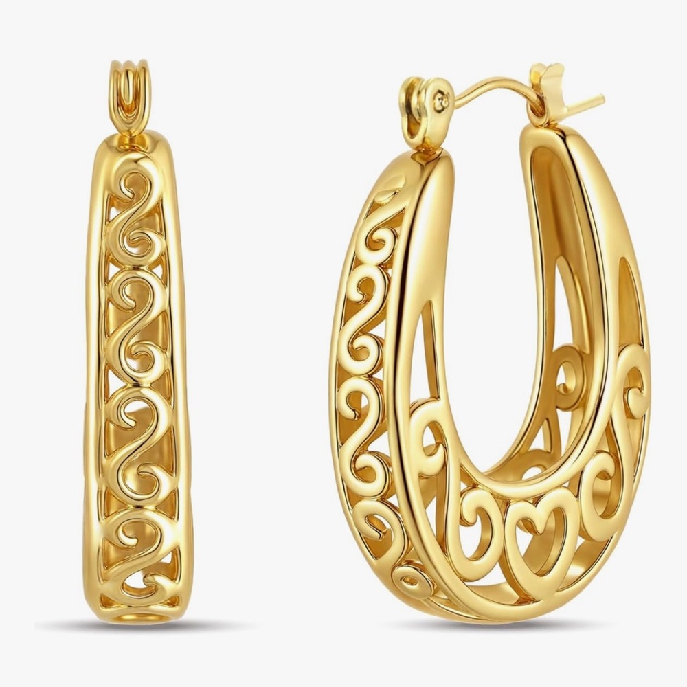 14K Gold Plated Gold Filigree Hoop Earrings for Women